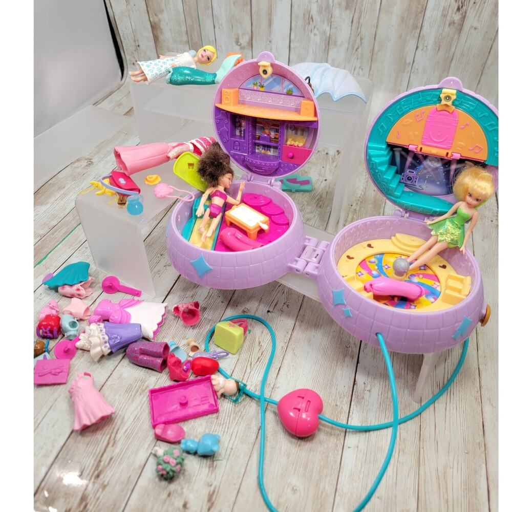 Polly Pocket Double Play Skating Purple Disco Ball Party Compact Mix Lot
